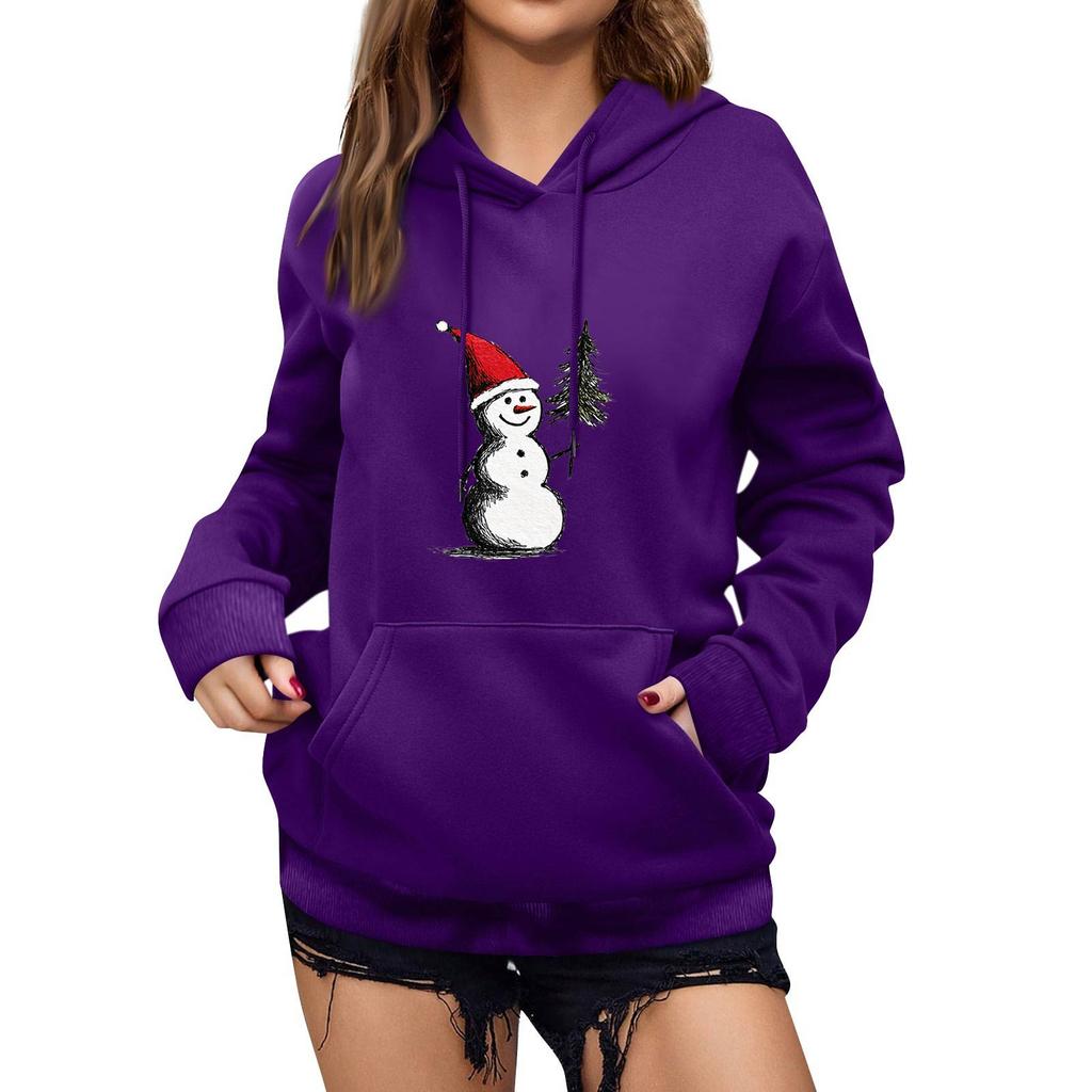 Women's Winter Christmas Printed Pullover Hooded Sweatshirt Fleece Long Sleeve Sweatshirt