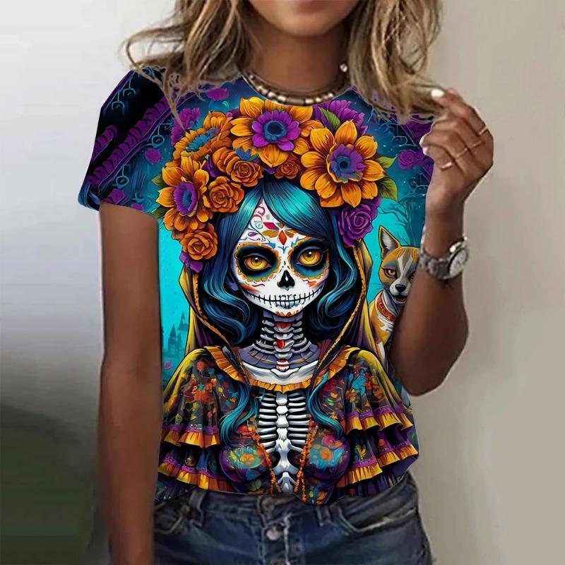 Damen T-Shirt für Mädchen Sommer Kurzarm Lässig Mode Sexy Mädchen Kleidung Horror Untote Schädel Muster Übergroße T-Shirts