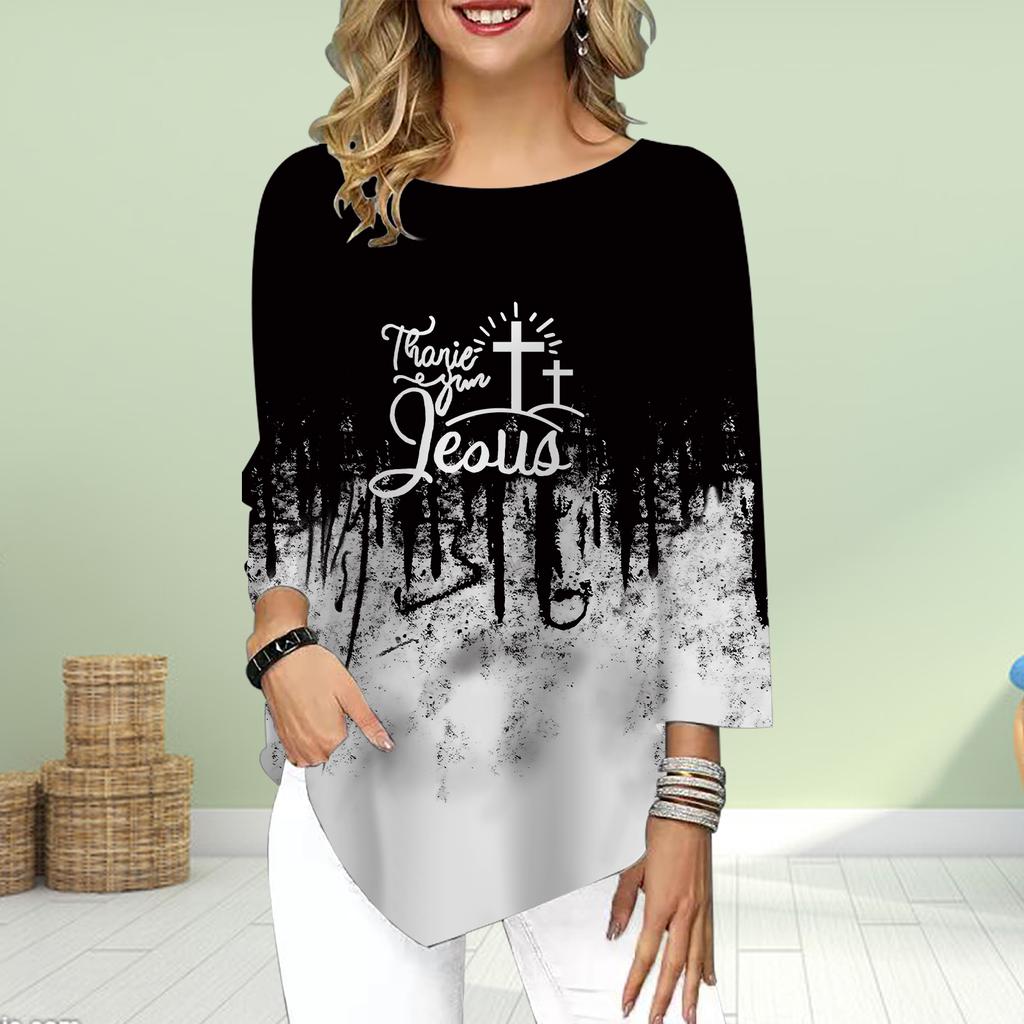 Women's Three Quarter Sleeve Round-Neck T-Shirt Loose Shirts Casual Colorful Cross Print Tee Tops