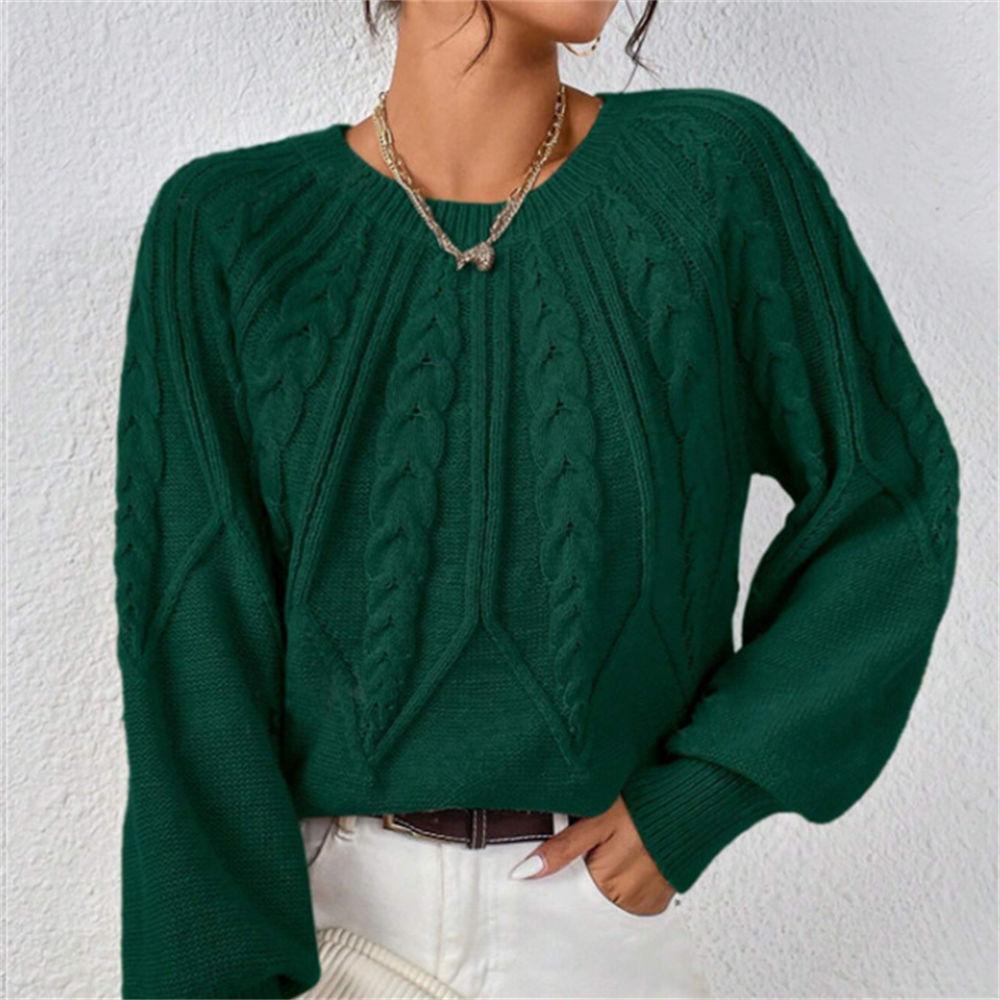 Women's Autumn/Winter Solid Color Cable Knit Sweater, Loose Crew Neck Lantern Sleeve Versatile Knit Top S-XL