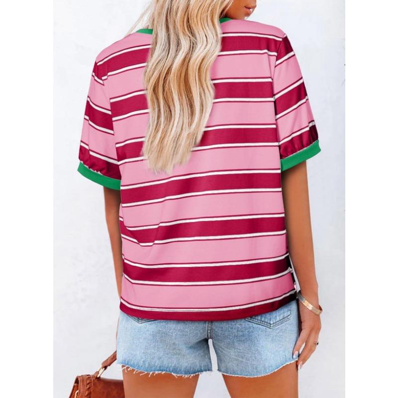 Womens Striped Contrast Color Loose Round Neck Short Sleeve Casual T Shirt
