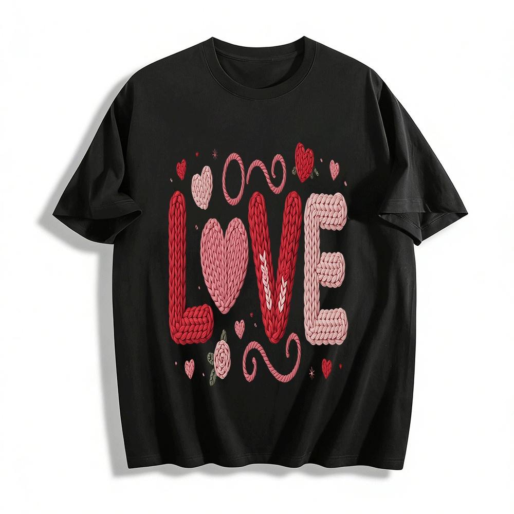 Vintage Knit Style Love Heart Print Casual Couple Top Pure cotton T-shirt XXS
