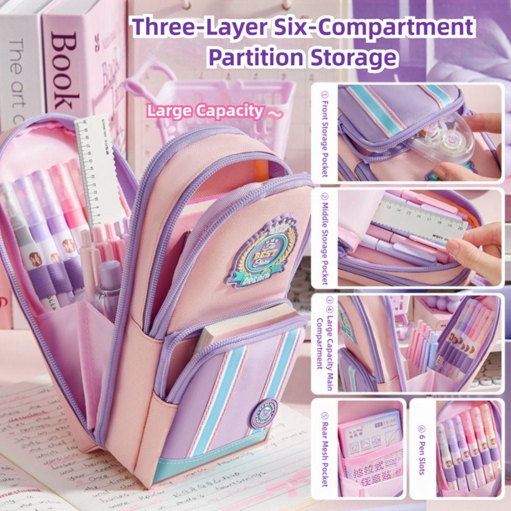 Six Layers Twelve Pockets Pencil Case Backpack Shape Stationery Organizer Pen Box  Students