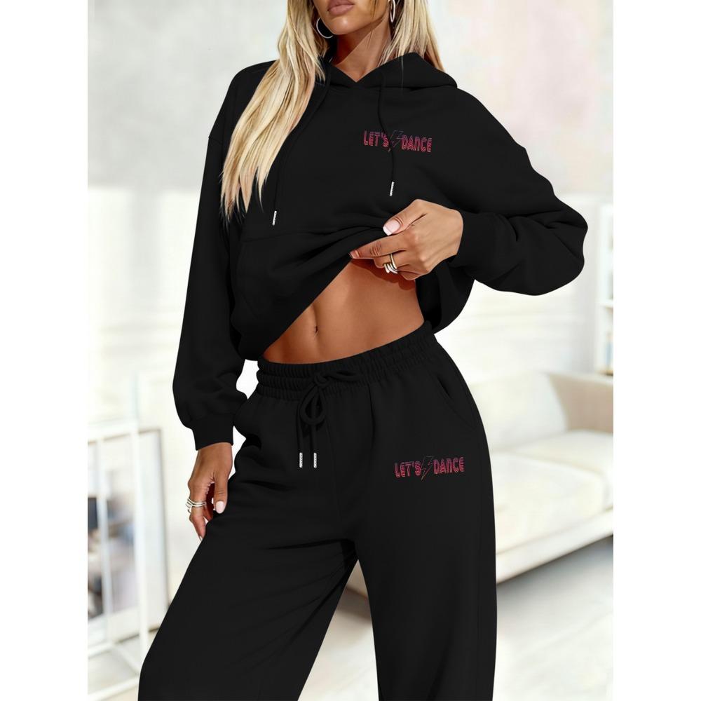 High Street Retro Pattern Print, Women's Hooded Sweatshirt with Drooping Feeling, Wide Leg Pants Casual Set