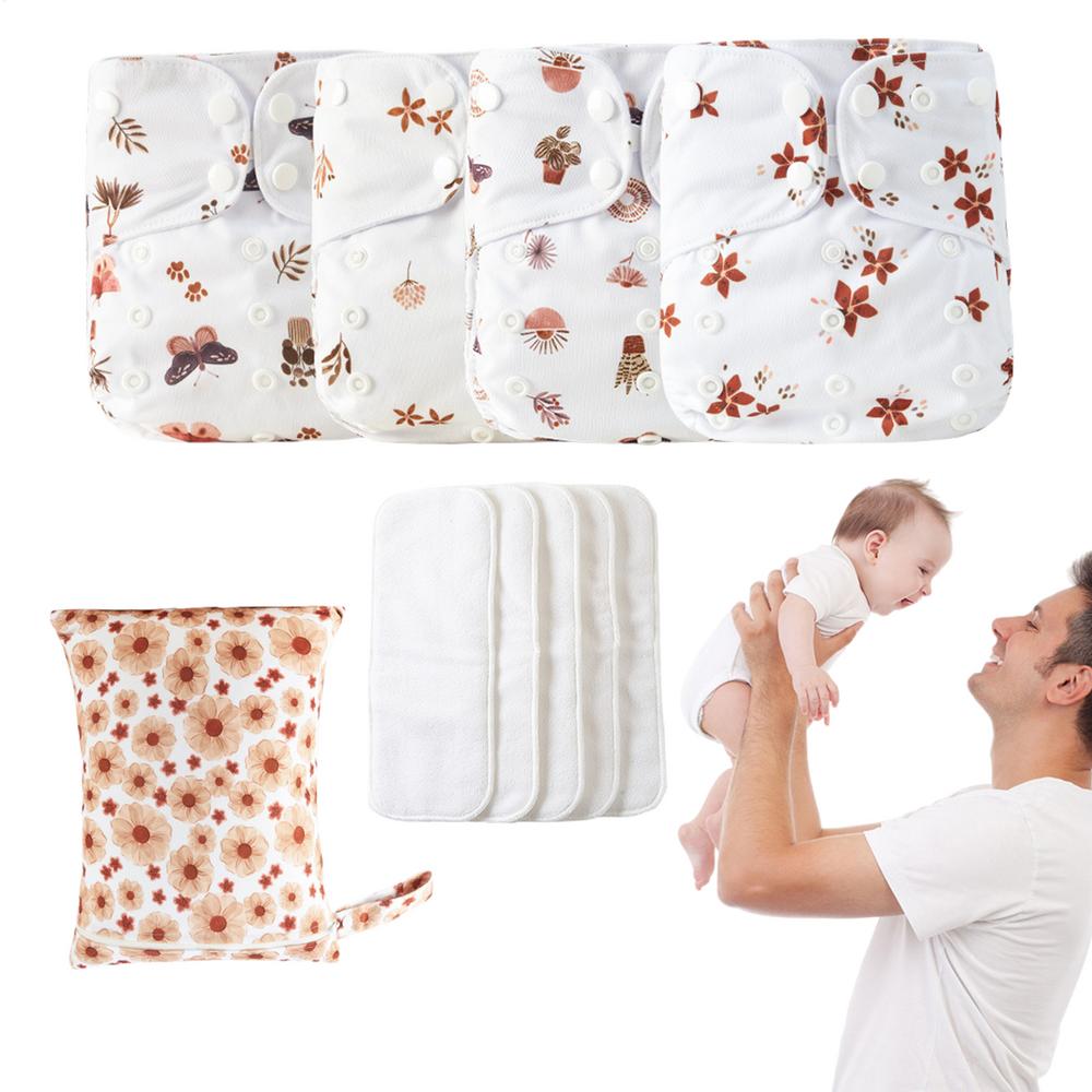 Reusable Cloth Diapers Reusable Adjustable Cloth Diapers 4X Absorbent & Breathable Liners Waterproof Cover With 4 Inserts & 1