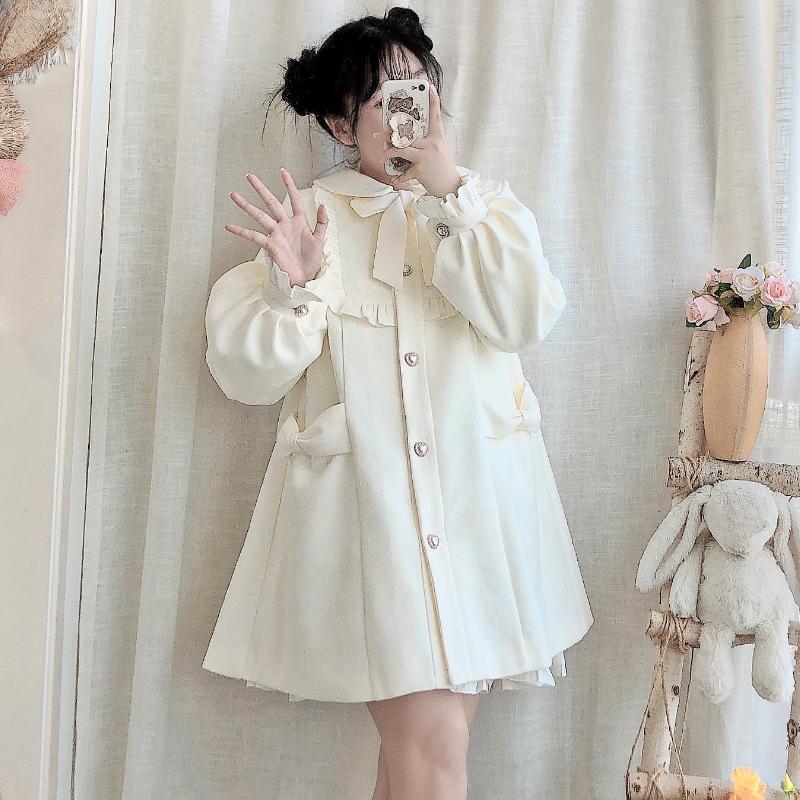 

Зимнее женское шерстяное пальто в японском стиле Лолиты, милые свободные куртки трапециевидной формы с бантом в стиле каваи, женская элегантная осенняя корейская модная верхняя одежда