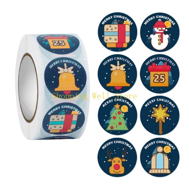 KX4B 500pcs/roll Merry Christmas Stickers Round Adhesive Christmas Theme Seal Labels