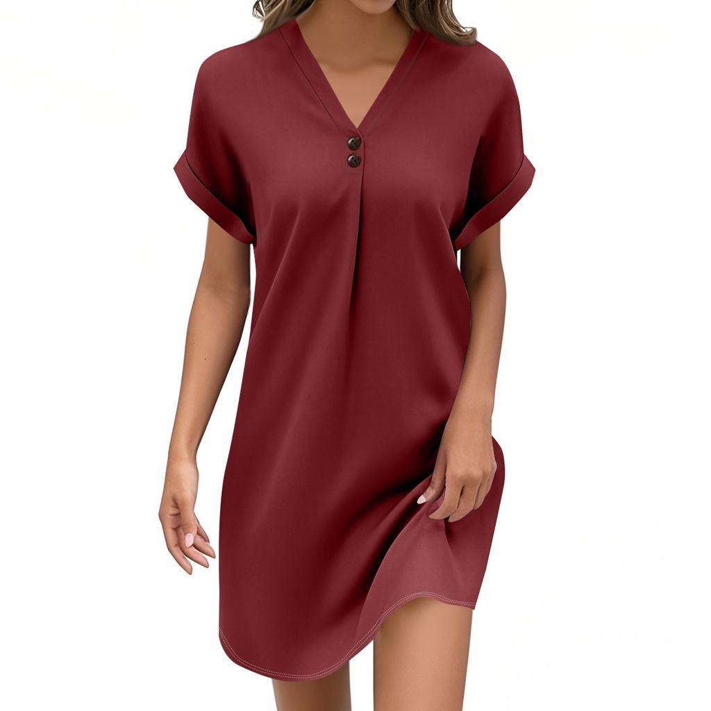 Women's Fashion V-neck Solid Color Pullover Casual Button Dress