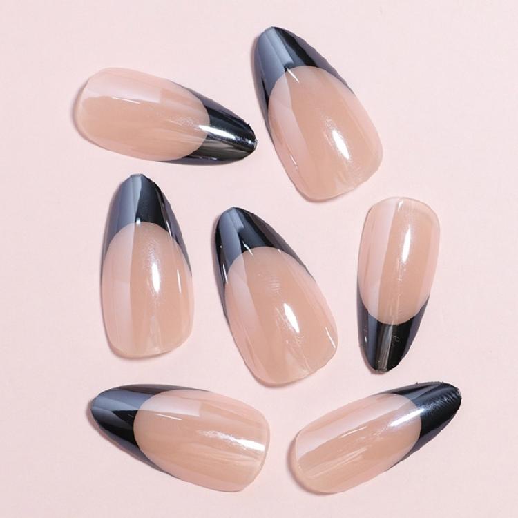 24pcs Stylish Artificial Nail French Stick ons Medium Almond Stick on Nail Full Cover Press on Nail Manicure Nail Art