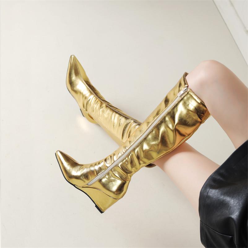 ANNYMOLI Women Knee High Boots Pointed Toe Wedges High Heels Zipper Pleated Long Boots Ladies Fashion Shoes Autumn Winter 46