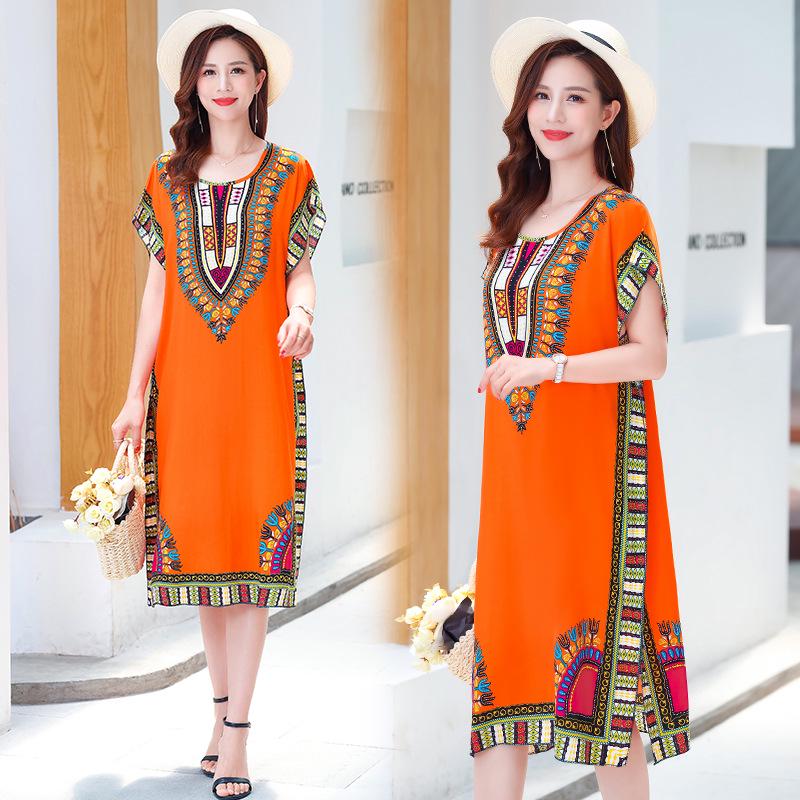 Summer Cotton Silk Loose Fit Mid-Length Bat Sleeve Dress for Women - Plus Size, Belly Covering, Slimming Beach Dress for Moms