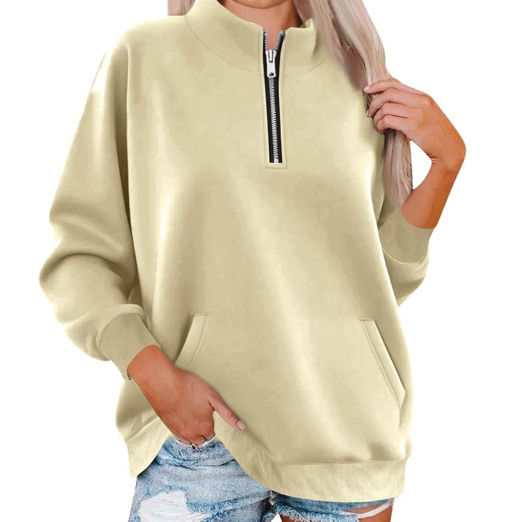 Women's Fashion Long Sleeve Loose Oversize Solid Color Half Zipper Neck Sweater Top With Pockets
