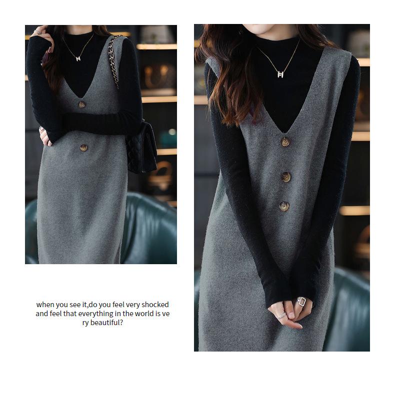 European Size Spring/Autumn Cross-Stitched Knitted Wool Vest Dress for Women