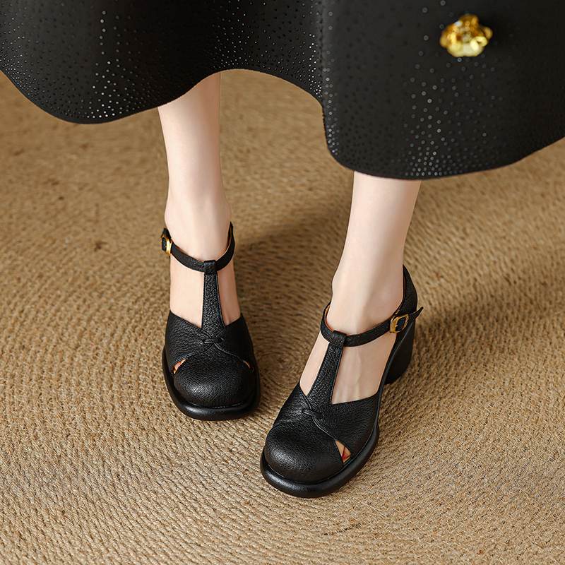 Krazing Pot Sheep Skin Round Toe Size 41 Thick Round High Heels Buckle Straps Hollow Platform Gladiator Autumn Pumps