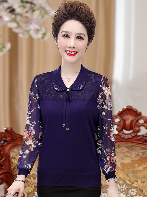 

Mom s Stylish Autumn Knit Top with Gauze Sleeves for Middle-Aged & Elderly Women 3XL (150-165 kg) темно-синий