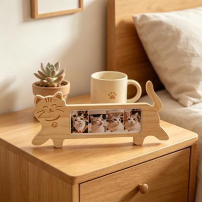 Wooden Cat Shape Photo Frame, Rustic Pet Photo Display Frame with Rotatable Tail, Home Office Decorative Picture Holder for 2-inch Photos