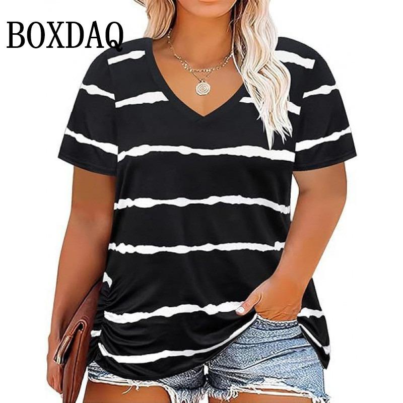 Summer Women Plus Size T Shirts Classic Black White Stripes V-Neck Short Sleeve Tunic Tops Loose Casual Women Tee Shirt