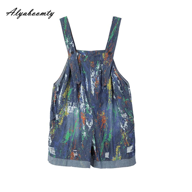 אוברול ג'ינס לנשים בסגנון קוריאני בסגנון כחול אופנתי מזדמן חליפות משחק משוחררות וינטג' רחב חורים קרועים רחב רגל קצר רומפרס