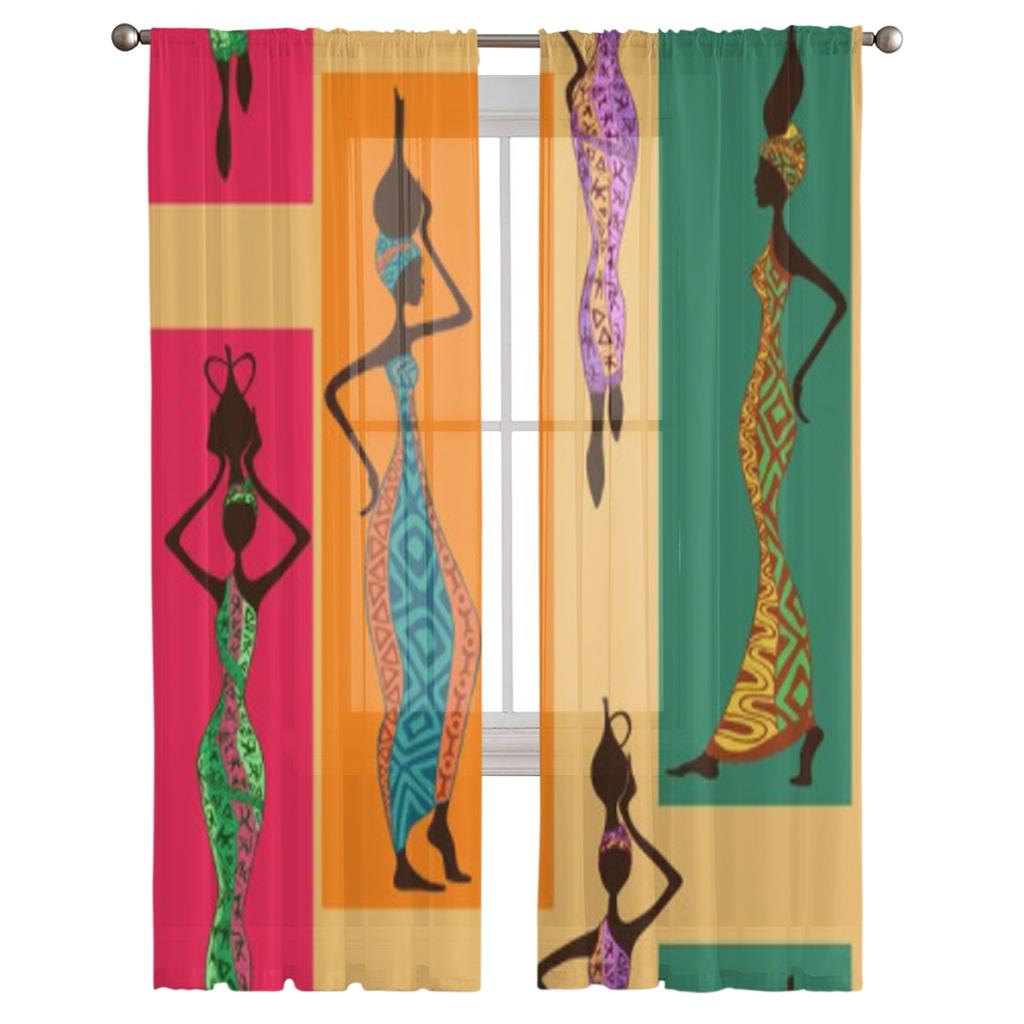 Schöne afrikanische Frauen mit Vasen, Chiffon-Vorhänge für Wohnzimmer, Schlafzimmer, Dekoration, Fenster, Voiles, Tüllvorhang