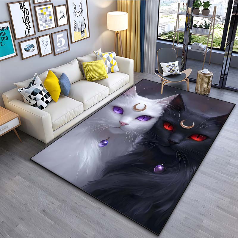 Black Cat and White Cat Printed Carpet for Living Room Bedroom Bedside Bathroom Floor Mat Area Rug Sofa Mat Home Decor