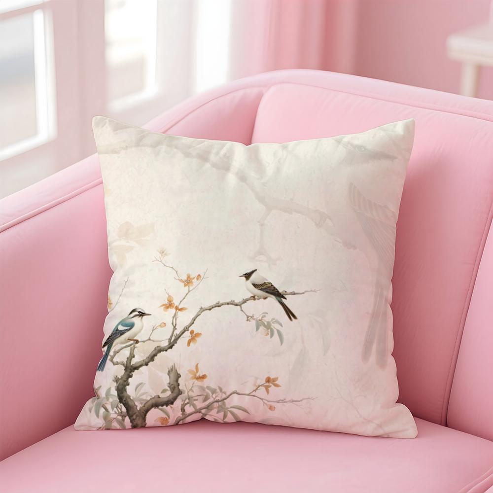 Chinese Style Simple Bird Flowers Cushion Cover Linen Pillowcase Cover Soft Decor for Sofa Home Room