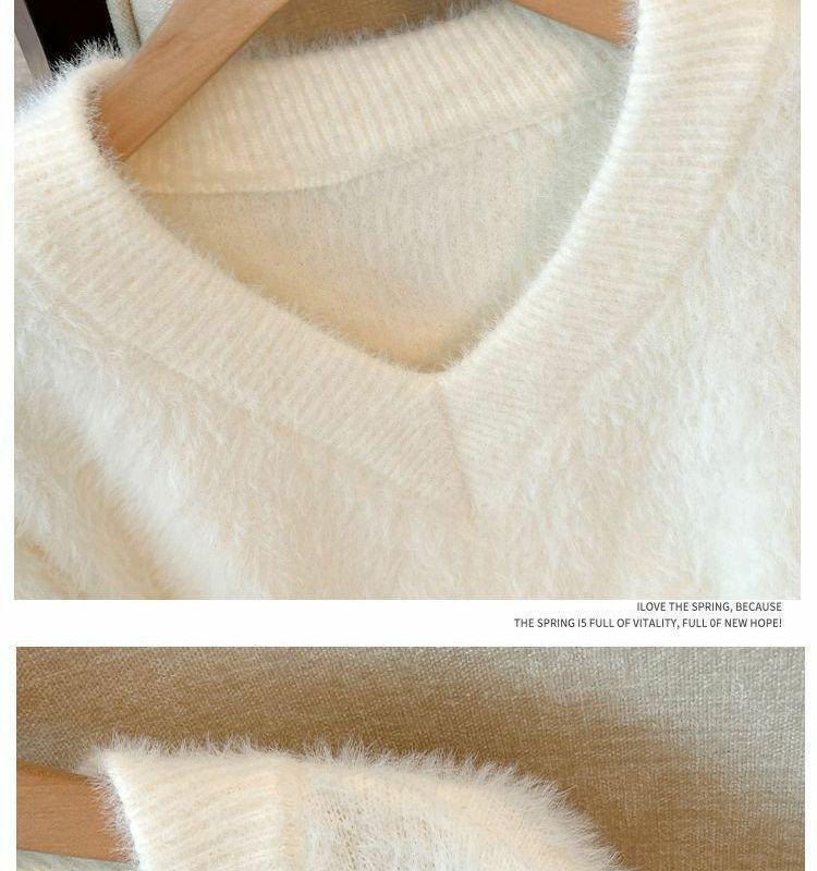 Women's Plus Size French V-Neck Mink Sweater - Autumn/Winter Loose, Soft, and Slimming Top