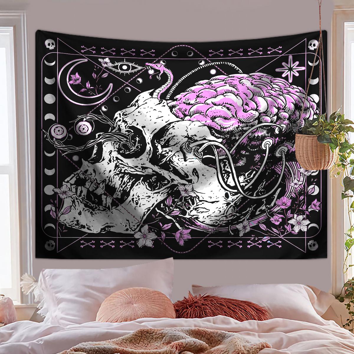 

1pc Gothic horror skull tapestry, skull floral plant tapestry, moon phase aesthetic bedroom living room decorative wall hanging 73x95cm