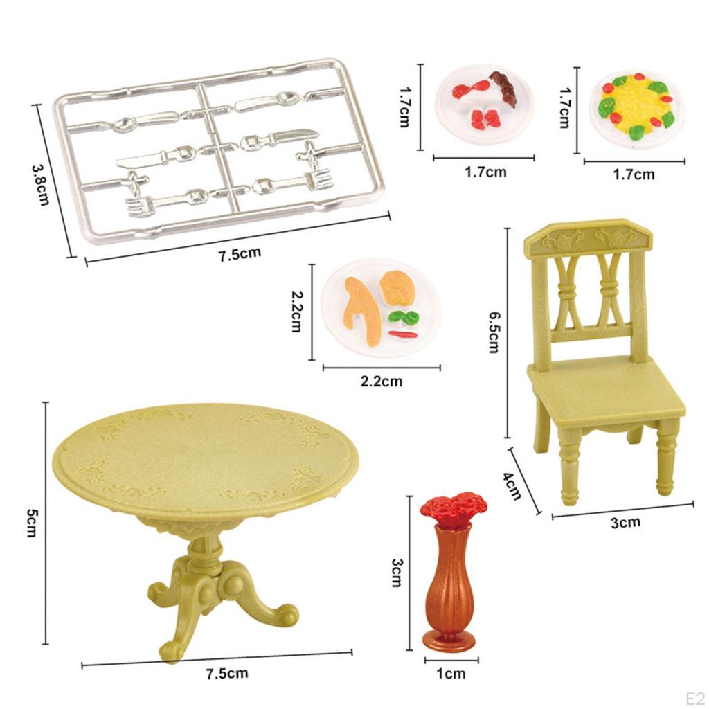 Mini Kitchen Furniture Set 1/12 Desk and Chair with Tableware Playset Dinner Toys Model