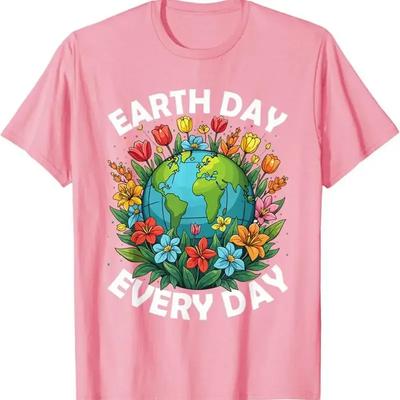 Earth Day Every Day Globe Flowers Graphic Cotton Short Sleeve Crew Neck T Shirt