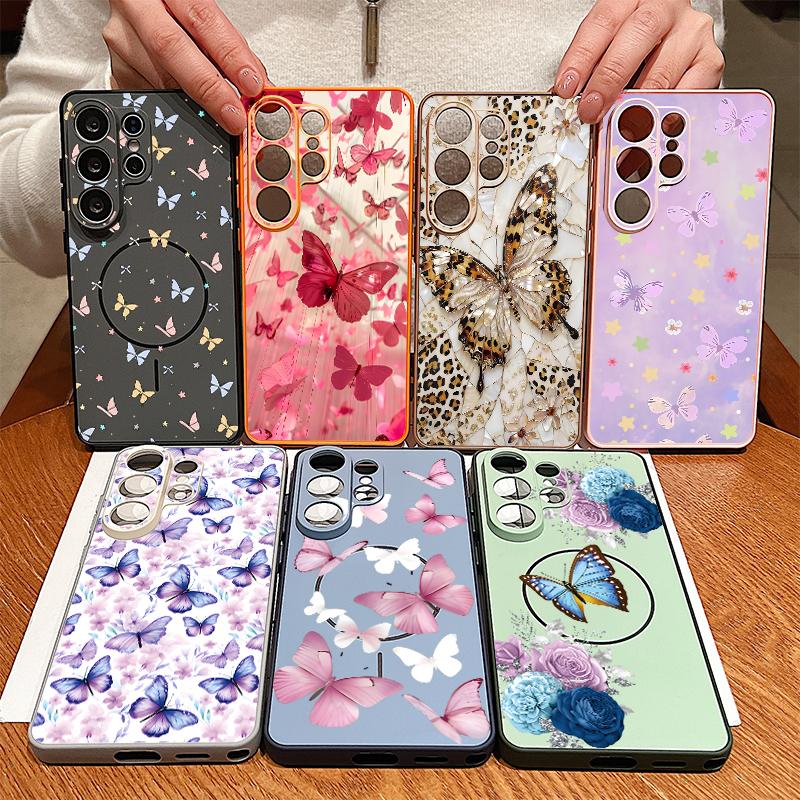 Luxury Butterfly Print Case For Samsung S26 S25 Ultra S24 Plus S23 FE S22 Ultra A55 A56 A17 A37 A57 5G Skin Feel Hybrid TPU+PC Magnetic Phone Cover