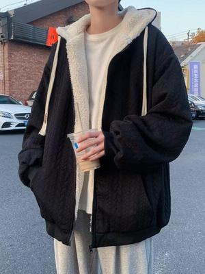 Men's Japanese Style Lambswool Plush Hooded Coat - Thickened Velvet, Loose Fit, Couples' Autumn/Winter Cardigan