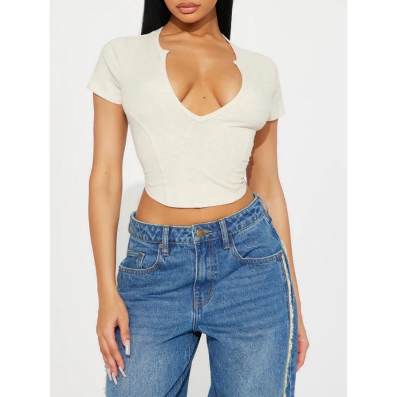 Women Sexy Deep V Neck Cropped Short Sleeve Slim Fit Casual Sports T Shirt