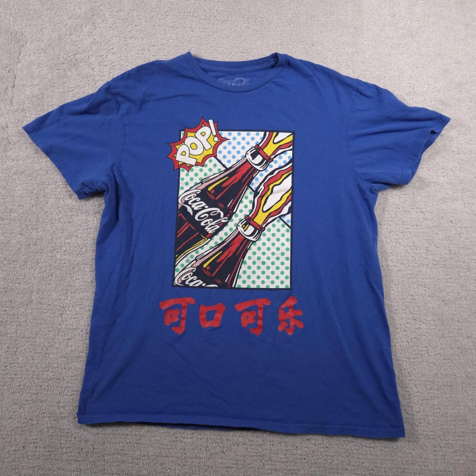 

Coca-Cola Shirt Mens Large Blue Pop Art Graphic Chinese Characters Cotton Tee 140