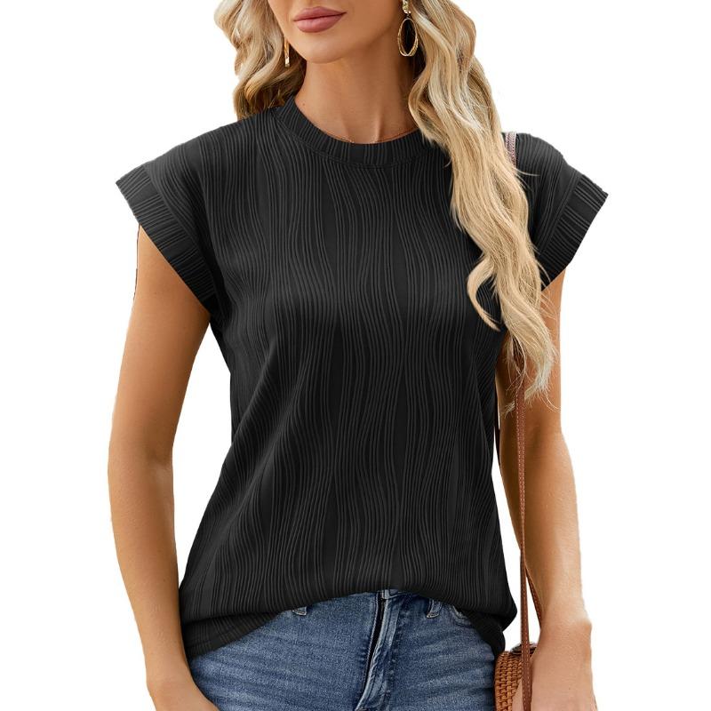 Women's Summer Solid Color Crew Neck Cover Shoulder Sleeve T-shirt Top Vest