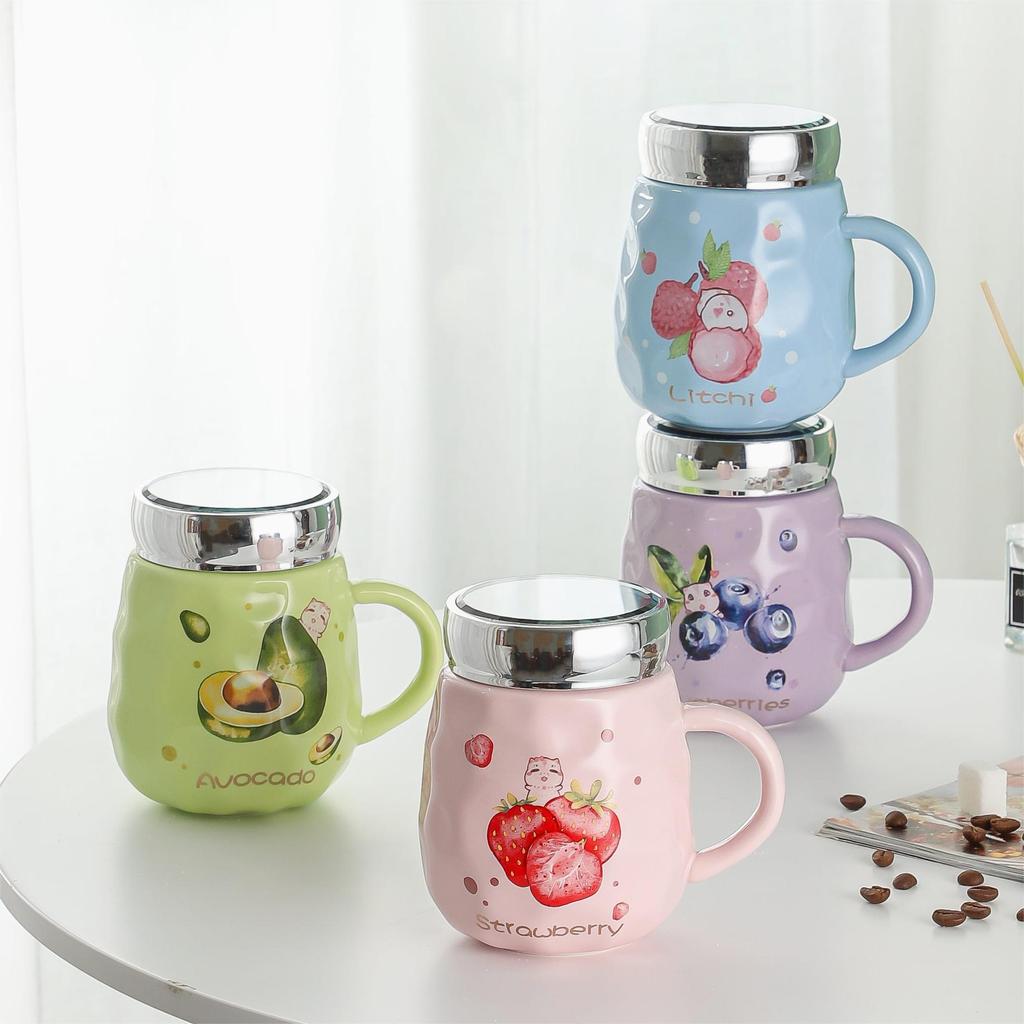 Cute Cartoon Fruit Series Ceramic Cup Fruit High-looking Couple Mug Home with Lid Water Cup Gift Cup