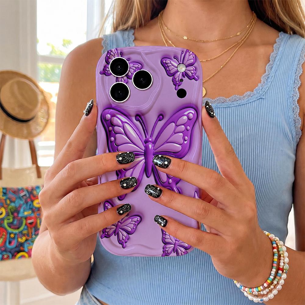 Gradient Purple Butterfly Phone Case for iPhone 16 15 14 Pro Max 13 12 11 Mini XR XS SE Wavy Edge Soft Cover