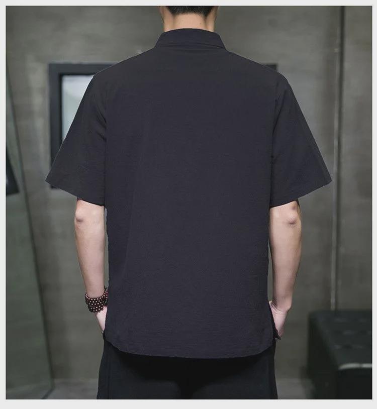 Men's Chinese-Style Linen Short-Sleeve Shirt, Summer Loose Fit, Stand-Up Collar
