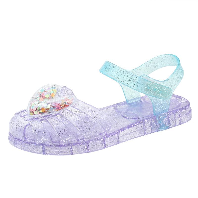 

Kids Sandals Ourdoor Crystal Jelly Shoes PVC Love Baby Fashion Flat For Girls Breathable Anti-slip Purple Sliver Size 24-35 25