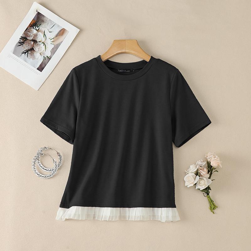 ZANZEA Women Casual Round Neck Short Sleeve Splice Summer Blouse S чёрный