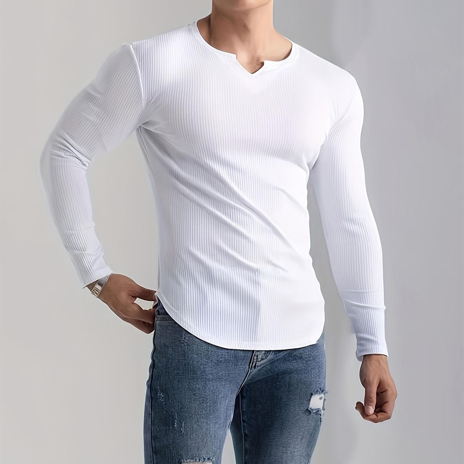 

Men s V-neck T-shirt Solid Color Casual Sports Fashion Long Sleeve XXL белый