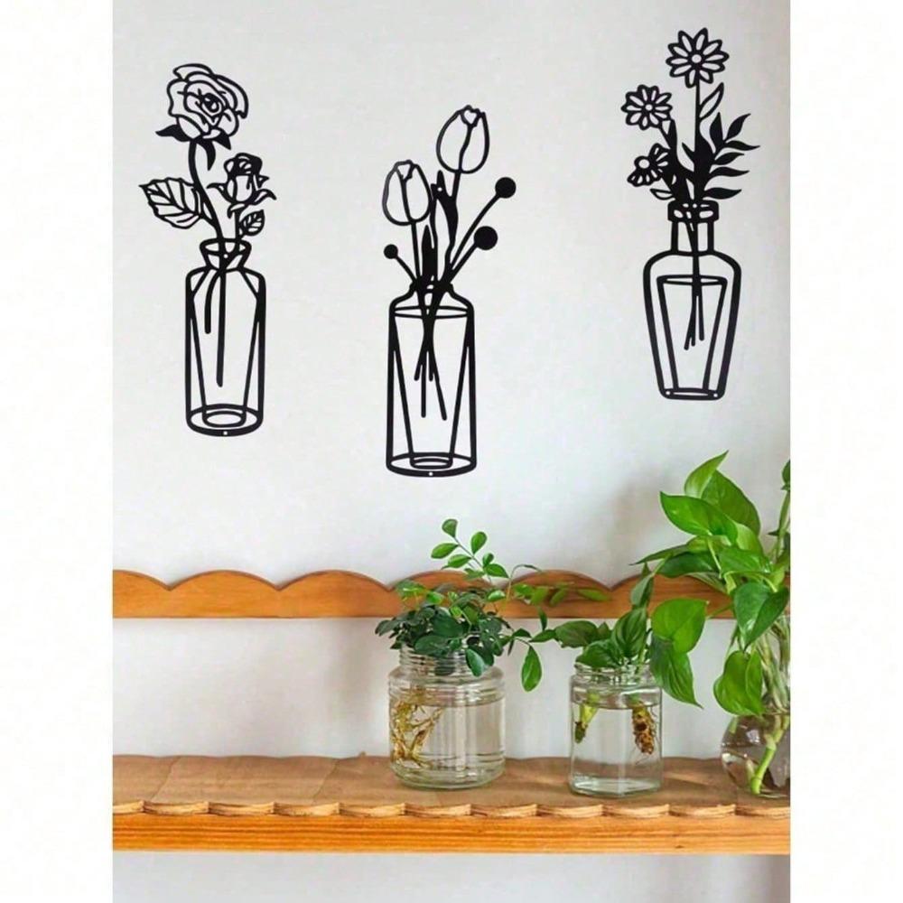 3 Pieces Metal Flower Wall Art, Iron Vase Wall Sculpture for Home Decor, Modern Minimalist Design, Rustproof for Kitchen Living Room Bathroom Study