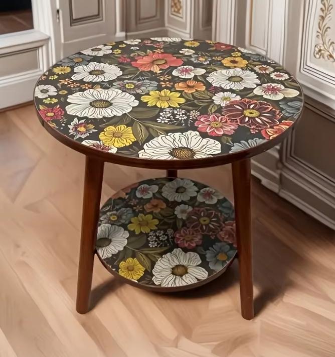 2-Tier Mandalala Floral Pattern Side Table Round Coffee Table with Vibrant Flower Design for Living Room Bedroom Side Table