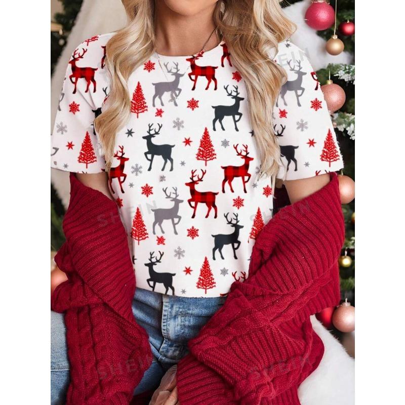 Fashion Hot Sale Christmas Halloween Double Series 3D Printed Women's Trend Crew Neck Loose Short Sleeve T-Shirt