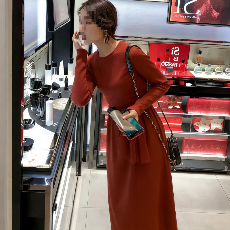 Lightly Mature French Retro Rust Red Cross-Strap Knit Dress With Waist-Cinch - Women's Autumn/Winter A-Line Mid-Length Skirt