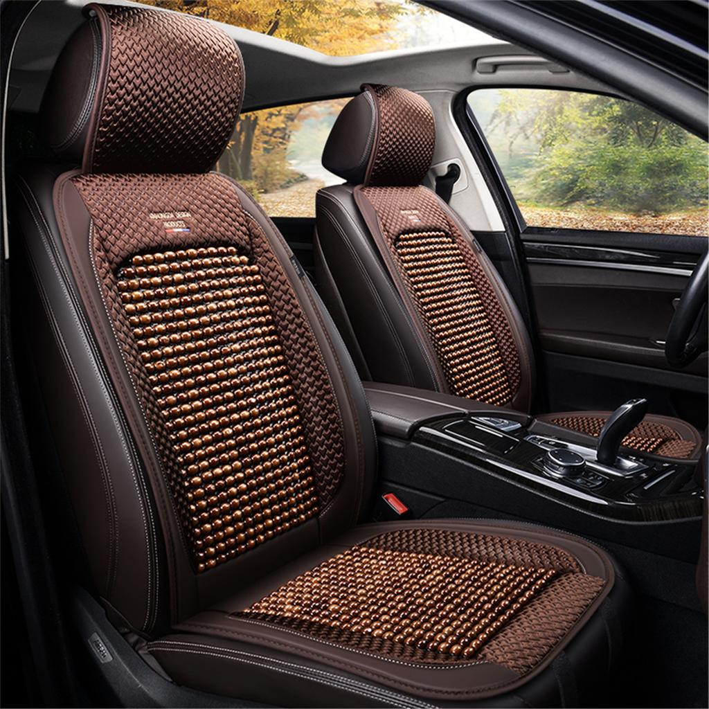 1/2x Car Seat Covers Interior Accessories Wooden Bead Seat Cushion Summer Cool Auto Seat Mat Pad PU Leather Breathable Handmade