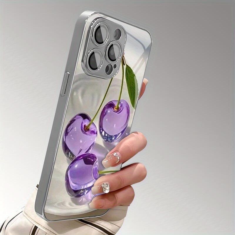 Purple Crystal Cherry Pattern Tempered Glass Electroplated Silver Phone Case For Samsung Galaxy S25 S24 S23 Ultra Plus FE Cover