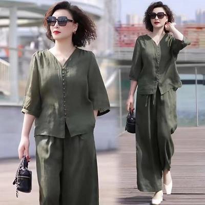 Tencel Leinen Sommer Set: Übergröße Lässiges Lockeres Oberteil & Weitbeinige Hosen für Mütter mittleren Alters.