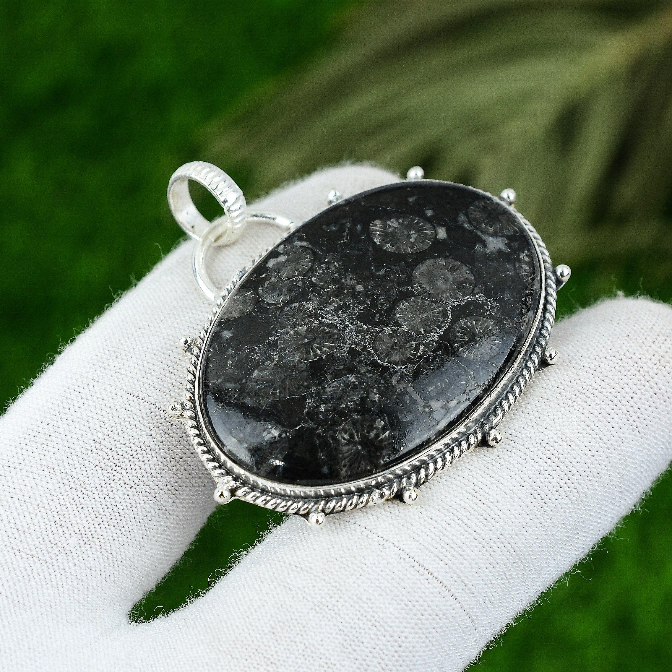 

Natural Black Fossil Coral Gemstone Pendant 925 Sterling Silver Indian Jewelry