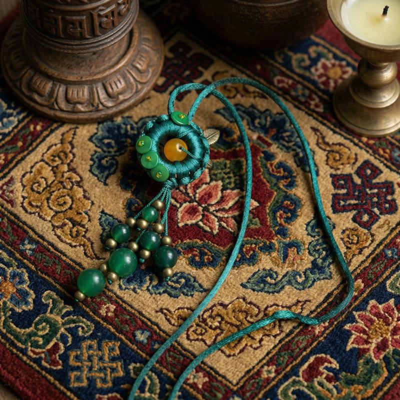 GEMCHIC Women s Vintage Handwoven Turquoise Sweater Necklace Green Ethnic Style Long Pendant with Adjustable Cord