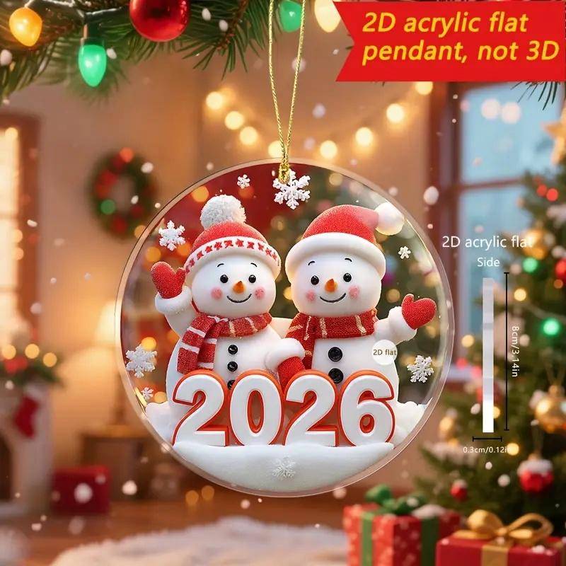2D Flat Cute Red White Snowman Friends 2026 New Year Gift Pendant Christmas Ornament Cartoon Design Snowflakes Home Decor